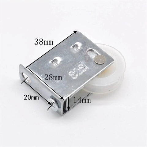 Smooth Operator Double And Single Wheel Sliding Door Pulley Rollers For Vinyl And Aluminum Track Slick Glide Heavy Duty Replacement Parts Four Pack close-up of metal roller dimensions 38mm x 28mm x 20mm with smooth wheel.