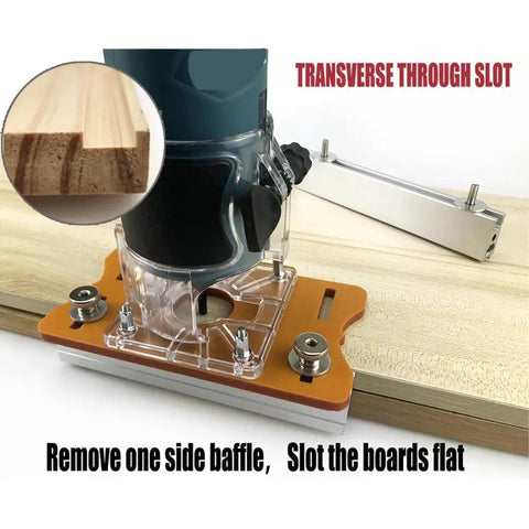 Hella Smooth Sixty Five Millimeter Aluminum Router Table Insert Plate with Heavy Duty Slotting Frame in use, routing wood slotting.