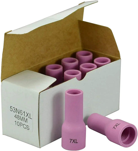 Box with TIG Gas Lens Alumina Nozzle Ceramic Cup Extended 53N61XL Seven Sixteenth Inch 11mm for welding torch, pack of ten.