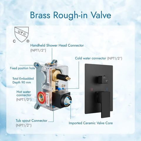 Brass rough-in valve for waterfall bathtub faucet wall mounted tub filler with handheld shower spout, matte black finish diagram