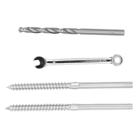 Swage Lag Screw Cable Railing Hardware Kit 316 Stainless Steel Left Right Thread Design with drill bit, wrench, and screws.