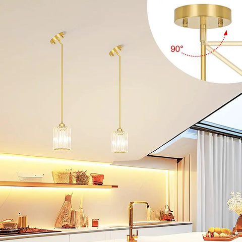Brushed Gold Crystal Pendant Light With Adjustable Rods And Sloped Ceiling Mount No Sweat Install Super Smooth Hang Straight Up Elegant Lamp For Kitchen Island Dining Space E26 Base showcasing two lights and adjustable rods.