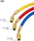 AUPOKO three hoses for refrigerant A/C charging with ball valves, 60in long, yellow, red and blue, 1/4in SAE fittings