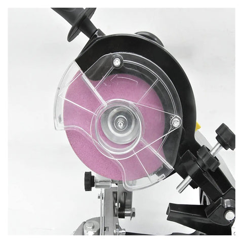Close-up of the grinding wheel on the Rock Solid 230W Bench Chainsaw Sharpener with a pink abrasive disc.