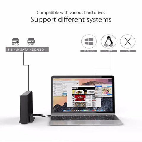 Aluminum 3.5 Inch Type C To SATA 3.0 External Hard Drive Enclosure with compatibility indicators for HDD SSD and systems.