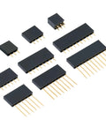 122 Piece 2.54Mm Header Pins Kit With 52 Short Female Pins, 50 Long Female Pins, 12 Double Row, And 8 Male Pins, shown on white background.