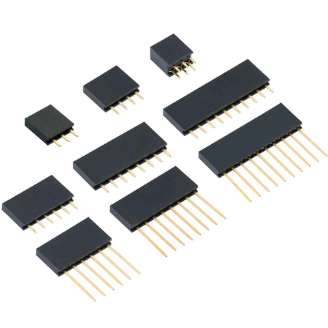 122 Piece 2.54Mm Header Pins Kit With 52 Short Female Pins, 50 Long Female Pins, 12 Double Row, And 8 Male Pins, shown on white background.