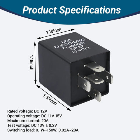 5 Pin LED Turn Signal Flasher Relay for Hyper Flash Fix EP27N, showing dimensions 1.18x1.18x1.53 inches and voltage specs.