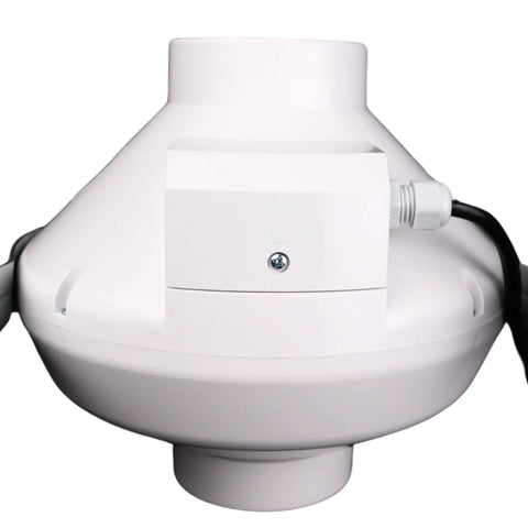 Centrifugal Inline Duct Fan VK 100 4 Inch Plastic Casing Up To 162 CFM with visible power cord, front view