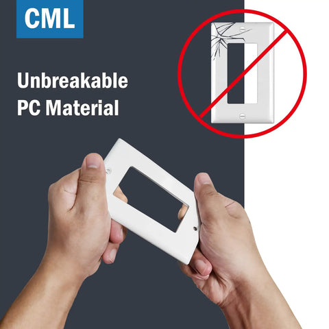 Hands holding Decorator Wall Plates 50 Pack Outlet Covers For 1-Gang Switches 2.76 X 4.5 Standard Size White UL Listed Impact Resistant