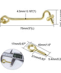Gate Hook and Eye Latch with Screws Cabin for Sliding Window Barn Door, shown in measurements, gold finish, dimensions labeled.