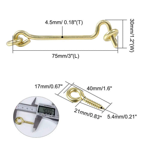 Gate Hook and Eye Latch with Screws Cabin for Sliding Window Barn Door, shown in measurements, gold finish, dimensions labeled.