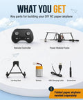 Components of Paper Airplane Kit With Gyro Stabilizer And Dual Propellers, including remote, power module, battery, and tools.