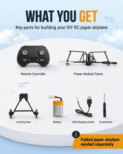 Components of Paper Airplane Kit With Gyro Stabilizer And Dual Propellers, including remote, power module, battery, and tools.