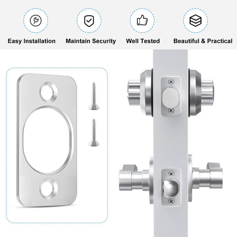 2 Pack Stainless Steel Strike Plate Backplate for Doors alongside latch mechanism, two and one quarter inch, heavy duty, waterproof.