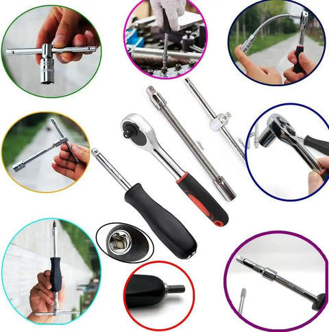 All In One 46 Pieces Quarter Inch Drive Ratchet Socket Set With Quick Release tools shown in use, highlighting versatility and design.