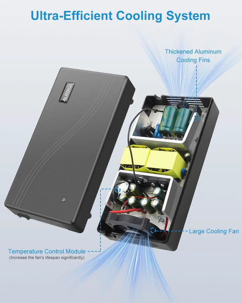 Heavy Duty Rock Solid AC To DC Converter 110V To 12V 30Amp 360Watt with cooling system and internal components view.