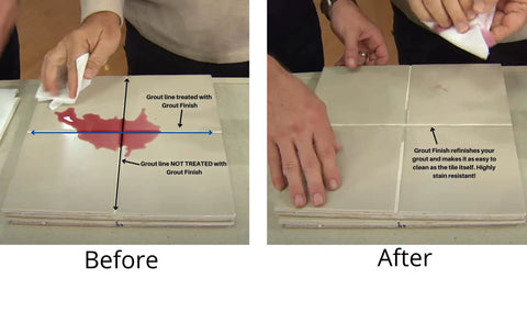 Comparison of tiled surfaces before and after using Easy Clean Grout Finish Kit With Color And Seal Grout, showing stain resistance.