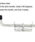 5 Inch Spring Loaded Latch Pin Heavy Duty Barrel Bolt Door Lock Stainless Steel with instructions on operation.