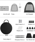 Components and dimensions of Pop Up Screen Tent 6x6 Feet Black Mesh Gazebo With Peaked Roof No Fuss Snap Fit Portable Screen Room Shelter.