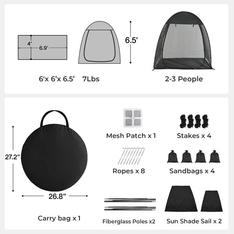 Components and dimensions of Pop Up Screen Tent 6x6 Feet Black Mesh Gazebo With Peaked Roof No Fuss Snap Fit Portable Screen Room Shelter.