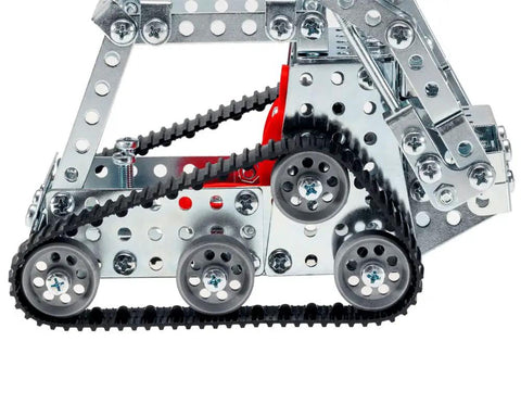 Close-up of Metal Construction Skid Steer Loader Model Kit 365 Piece Set rubber track drive detail, showcasing real-world engineering parts.