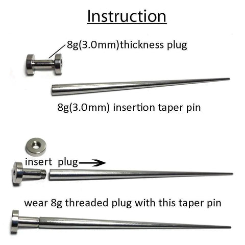 8G 3.0mm 316L Stainless Steel Calor Style Taper Insertion Pin for Stretching Kit Stretcher Body Piercing Tool No Thread Inside Hollow End Concave Taper Perfect for Gauge Expansion from 12g to 8g and 10g to 8g Pro Grade. shown with plug insertion steps