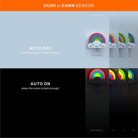 Rainbow Night Light Plug In With Dusk To Dawn Sensor, 0.5W LED Nursery Nightlight For Kids showcasing auto on and off features.