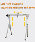 Heavy Duty Aluminum Gantry Crane Setup Boasting Slick 360 Spin Arm Quick Height Tweaks And No Sweat Rolling Casters adjusting up and down.