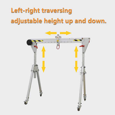 Heavy Duty Aluminum Gantry Crane Setup Boasting Slick 360 Spin Arm Quick Height Tweaks And No Sweat Rolling Casters adjusting up and down.