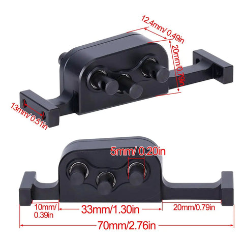 Beefed Up Metal Transfer Case With Reverse Shaft For 1/10 LCG RC Crawler SCX10 Chassis Upgrade Parts front and side view with measurements
