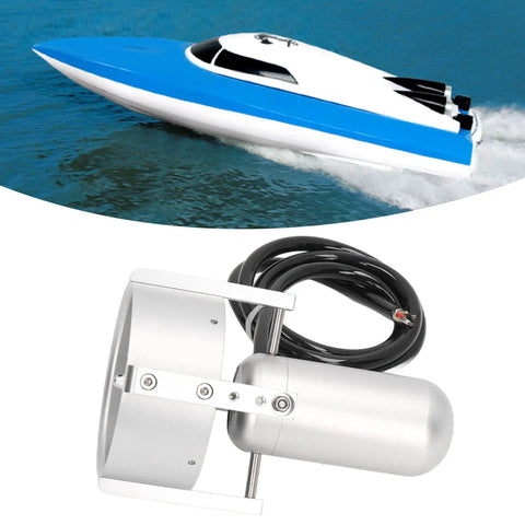 5T 3P Fully Sealed Underwater Thruster For RC Boat And ROV displayed with blue RC boat in water.