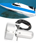 Fully Sealed Underwater Thruster For RC Boats And ROVs Aluminum CNC Brushless Power Propeller beside blue RC boat