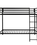 Twin Over Twin Bunk Bed With Secure Side Rails And Quick Rise Ladder Heavy Duty Steel Rig Built Tough 400 Lb Weight Capacity Room Saving Sleep Stack In Fresh Black Finish with ladder and guardrails.
