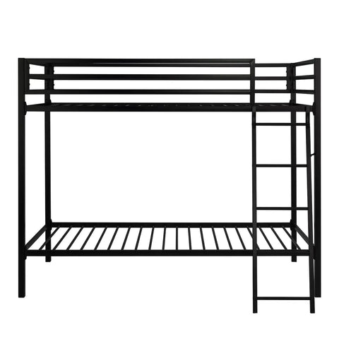 Twin Over Twin Bunk Bed With Secure Side Rails And Quick Rise Ladder Heavy Duty Steel Rig Built Tough 400 Lb Weight Capacity Room Saving Sleep Stack In Fresh Black Finish with ladder and guardrails.