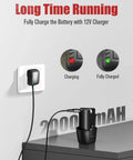12V Cordless Drill Kit With 3/8 Inch Keyless Chuck showing a 2000mAh battery charging in a wall socket, with charging indicators.