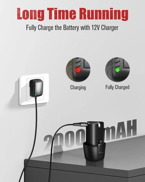 12V Cordless Drill Kit With 3/8 Inch Keyless Chuck showing a 2000mAh battery charging in a wall socket, with charging indicators.