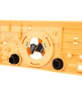 Respicefinem LE hinge boring jig for woodworking; yellow plastic base with 35mm hole guide and cutter