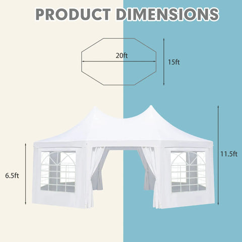 Front view of Heavy Duty Octagonal Party Tent 20x15ft With Six Removable Sidewalls, Church Windows, And Pull-Back Doors