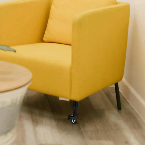 Yellow sofa with adjustable black metal furniture legs with wheels, showcasing support for sofa and cabinet use.