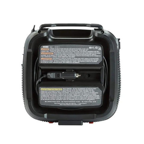 Back view of 12V DC Multipurpose Inflator with Digital Gauge, power cord storage compartment and warning labels visible