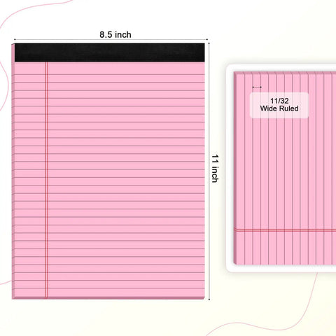 Pink Legal Pad 8.5 X 11 Wide Ruled Writing Pad Set With Perforated Backing 30 Sheets Per Pad 20lb Colored Paper For Clear Print