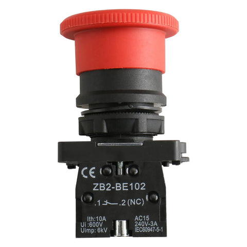 Red 22mm Latching Push Button Switch Mushroom Emergency Stop Button 600V 10A With Normally Closed And Normally Open Contacts For Industrial Control Panels And Heavy Duty Machinery, front view