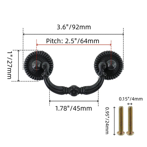Six Pack 2.5 Inch Silver Vintage Drop Bail Drawer Pulls For Kitchen Cabinets And Furniture with screw dimensions