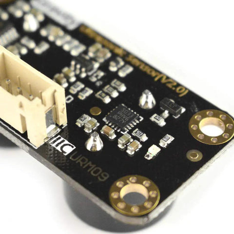 Close-up view of URM09 I2C Ultrasonic Sensor Module for quick and easy distance readings on Arduino and Raspberry Pi.