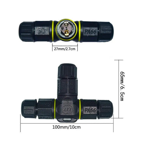 3 Way Waterproof Electrical Junction Box IP68 Outdoor Shielded Connector For Underground Cables 2 Pin 3 Pin 4 Pin Cable Size 4.5 To 10 mm Easy Install Field Installable Plug And Play with dimensions shown
