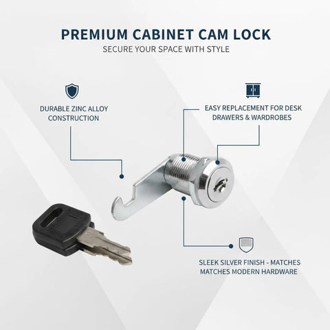 Cabinet Cam Lock Replacement For Office Desks And Wardrobes, Zinc Alloy Silver Finish with Two Keys Displayed