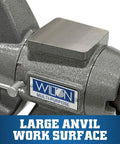 Focus on anvil of Workhorse Bench Vise With Five and a Half Inch Jaw Five Inch Opening Two and Three Quarter Inch Throat 360 Degree Rotating Head 30 Degree Indexed Angles Replaceable Hardened Jaws With Serrated Grip Pipe Jaws Built In Anvil For Metalworking And DIY