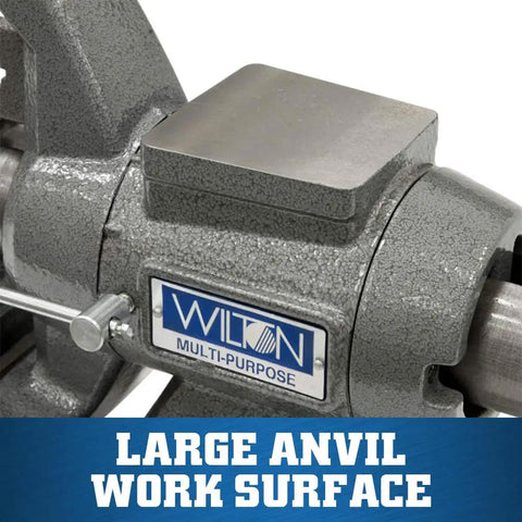 Focus on anvil of Workhorse Bench Vise With Five and a Half Inch Jaw Five Inch Opening Two and Three Quarter Inch Throat 360 Degree Rotating Head 30 Degree Indexed Angles Replaceable Hardened Jaws With Serrated Grip Pipe Jaws Built In Anvil For Metalworking And DIY