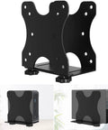 Adjustable Mini PC Mount Bracket, Rock Solid Vesa Holder For Under Desk Or Wall Mount, shows compact black steel design.